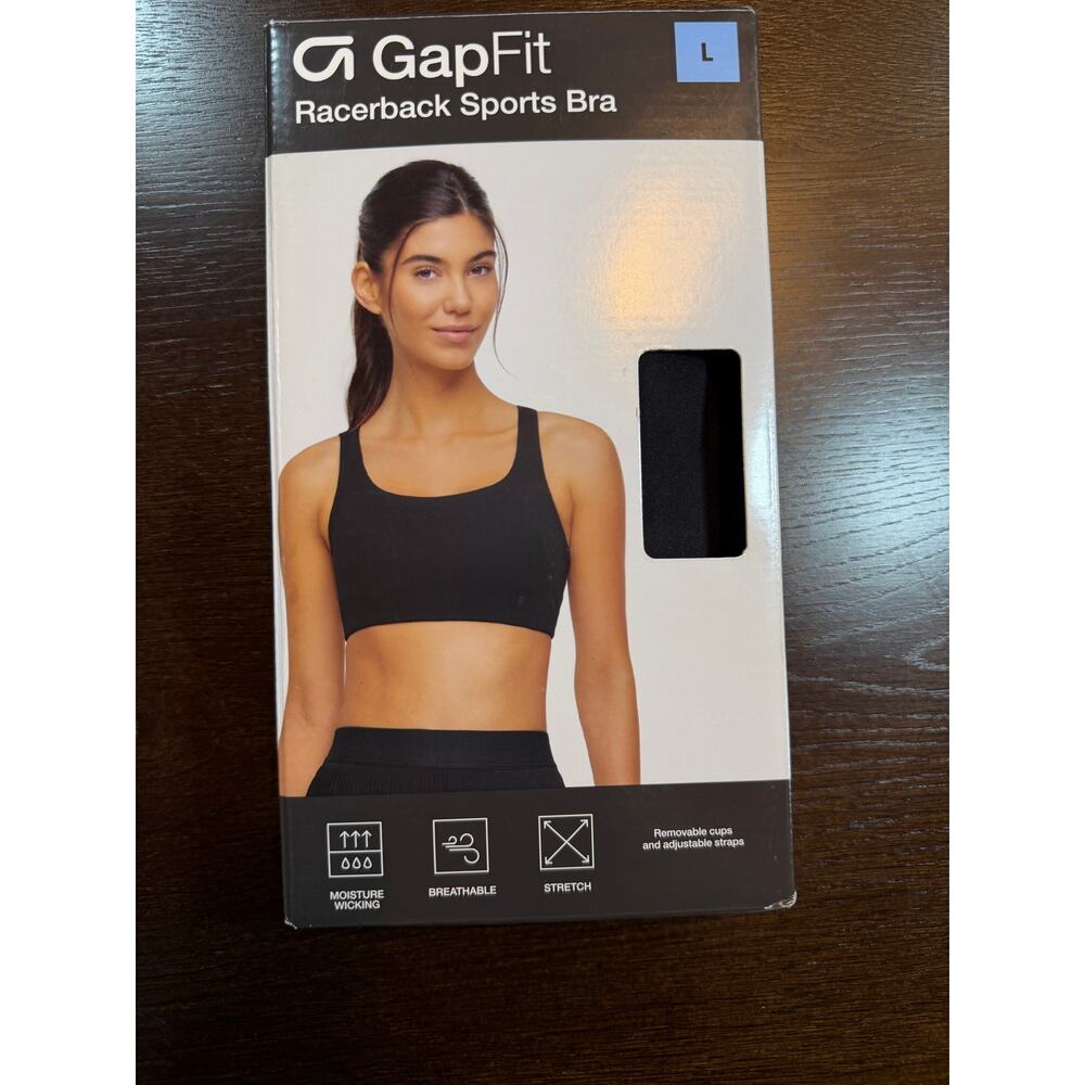 NWT GAP Fit Black Racerback Sports Bra L Moisture Wicking Breathable